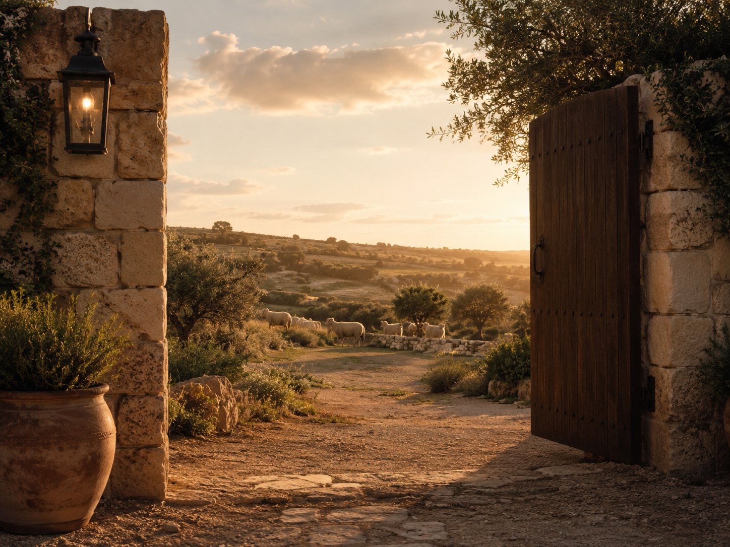 The open gate of Ta' Karlu Farm at golden hour, the Maltese countryside beyond