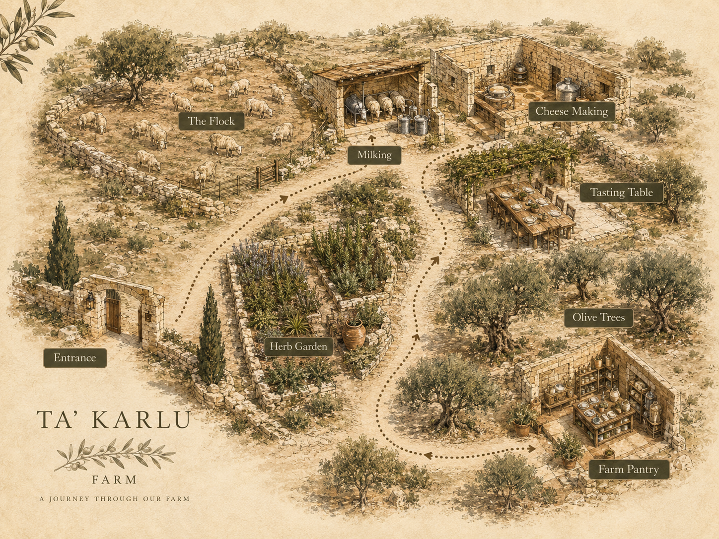 Hand-drawn map of Ta' Karlu Farm — entrance, the flock, milking, herb garden, cheese making, tasting table, olive trees and pantry